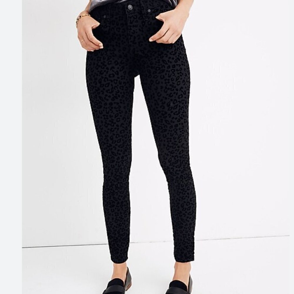 NWT Madewell Women's Size 27 Black 9" Mid-Rise Flocked Leopard Skinny Jeans
